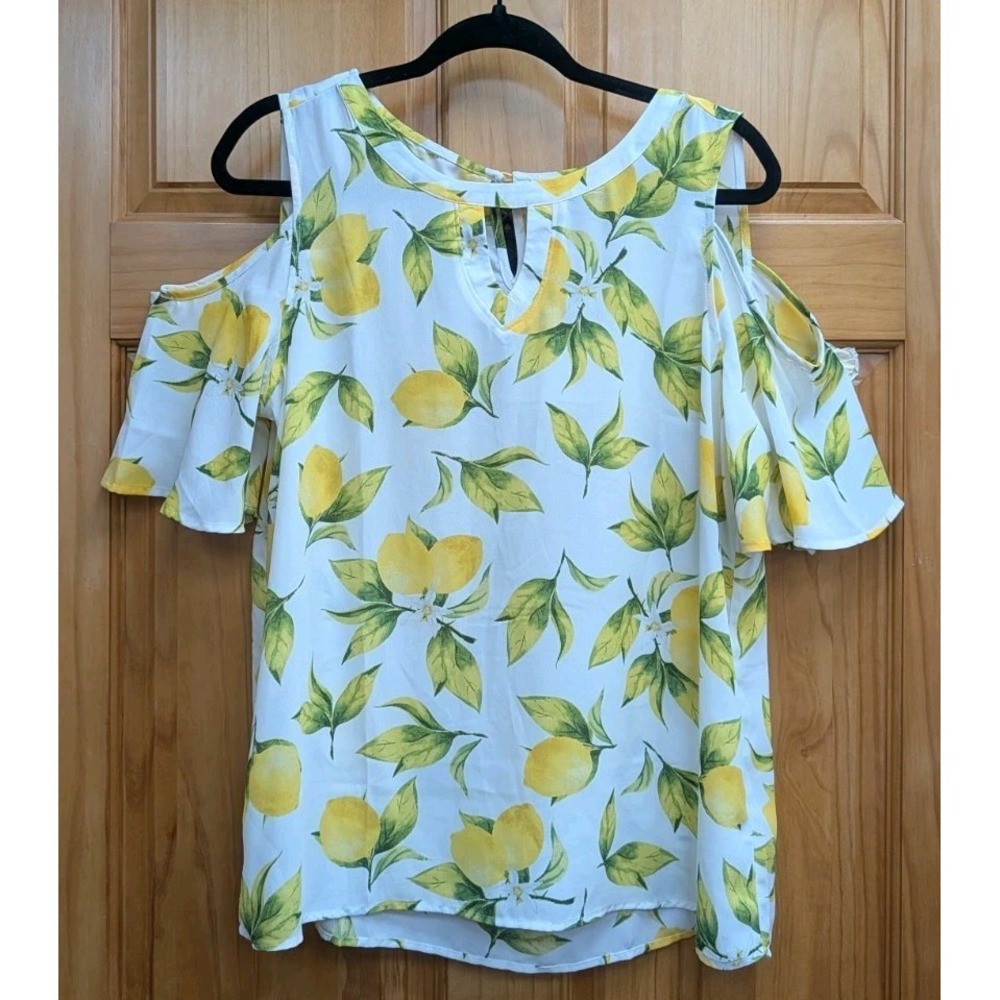 Como Women's Blouse G/Large Cold Shoulder Sleeves Lemons NWT Flowy Top